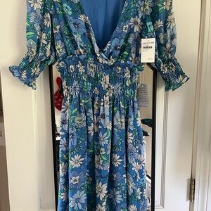 Lush Blue Wrap Midi Dress with Puff Sleeves